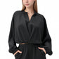 Long Sleeve Woven Lounge Top with Half Zip Front, Elastic Hem, and Relaxed Draped Fit