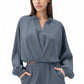 Long Sleeve Woven Lounge Top with Half Zip Front, Elastic Hem, and Relaxed Draped Fit
