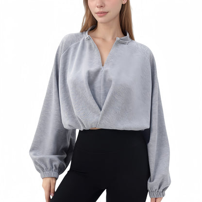 Long Sleeve Woven Lounge Top with Half Zip Front, Elastic Hem, and Relaxed Draped Fit