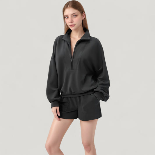 Long Sleeve Woven Half Zip Pullover Top with Stand Collar and Elastic Cuffs