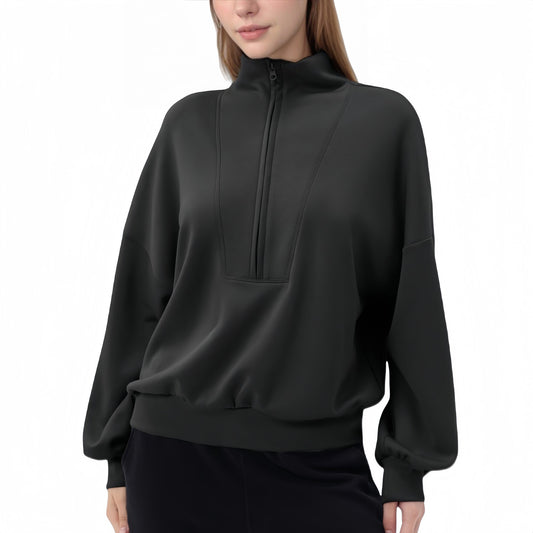 Long Sleeve Woven Half Zip Pullover Top with Stand Collar and Elastic Cuffs
