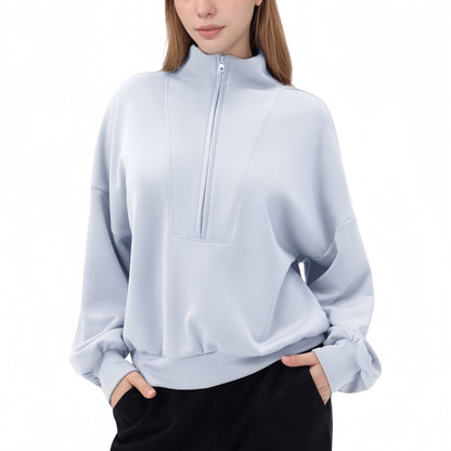 Long Sleeve Woven Half Zip Pullover Top with Stand Collar and Elastic Cuffs