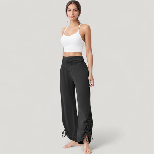 Wide Leg Lounge Pants with Fold Over Waistband and Adjustable Drawstring Hem