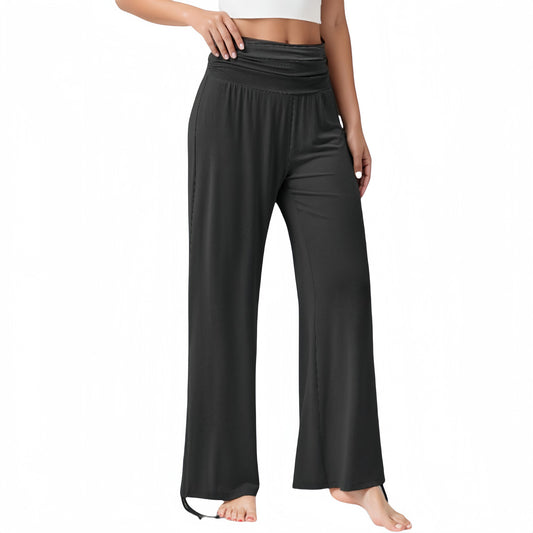 Wide Leg Lounge Pants with Fold Over Waistband and Adjustable Drawstring Hem