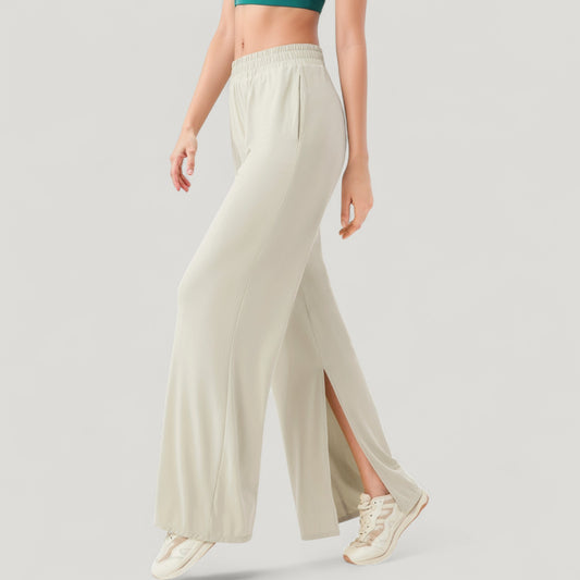 Wide Leg Lounge Pants with Elastic Waistband and Side Slit Hem Detail