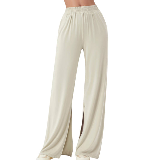 Wide Leg Lounge Pants with Elastic Waistband and Side Slit Hem Detail