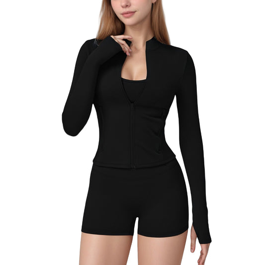 Long Sleeve Zip-Up Athletic Jacket with Thumbholes and High Neckline