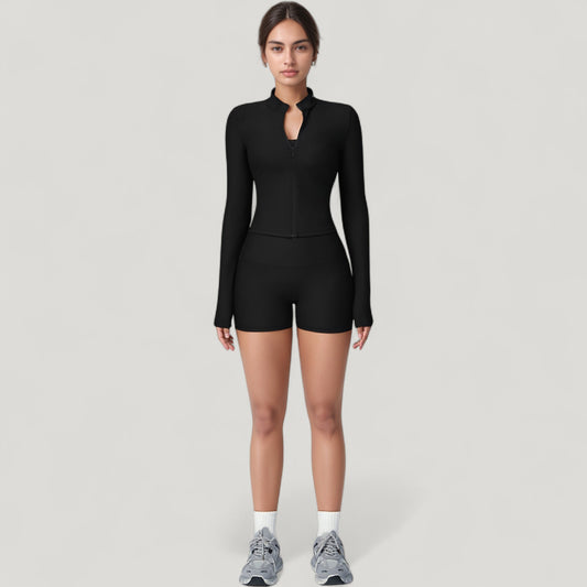 Long Sleeve Ribbed Zip-Up Athletic Jacket with High Neckline