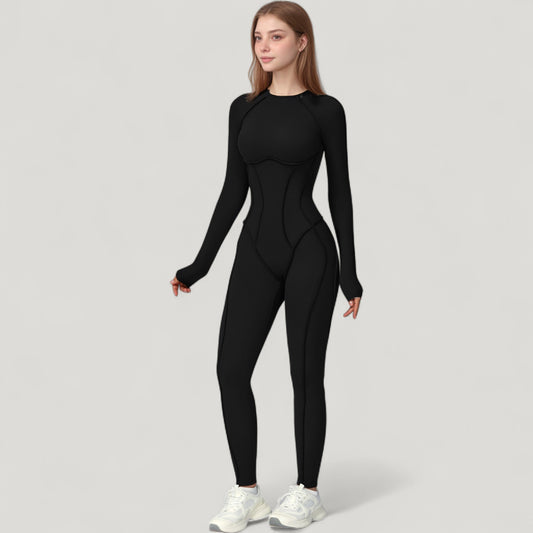 Long Sleeve Fitted One-Piece Activewear Jumpsuit with Contoured Stitching and Open Back Design