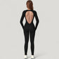 Long Sleeve Fitted One-Piece Activewear Jumpsuit with Contoured Stitching and Open Back Design