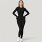 Long Sleeve Fitted One-Piece Activewear Jumpsuit with Contoured Stitching and Open Back Design