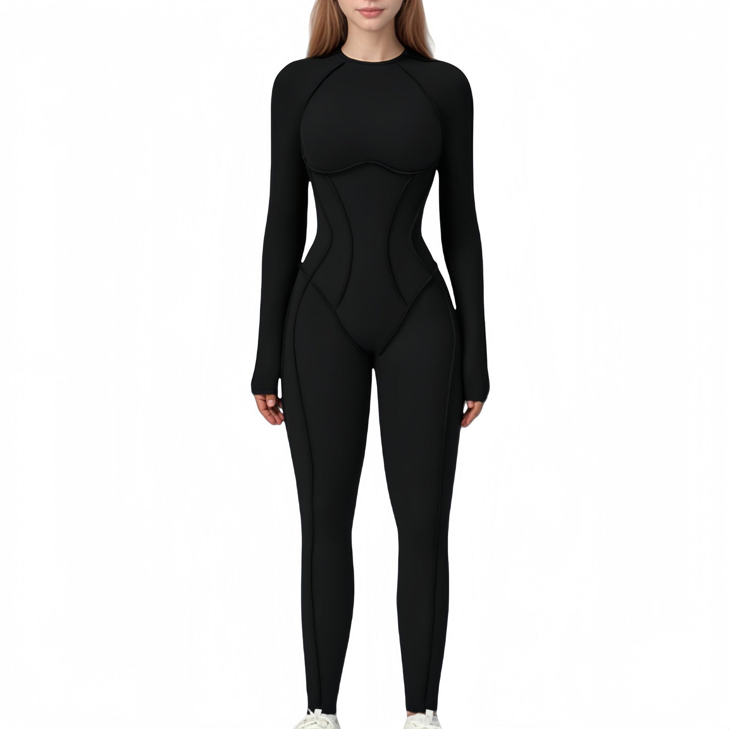 Long Sleeve Fitted One-Piece Activewear Jumpsuit with Contoured Stitching and Open Back Design