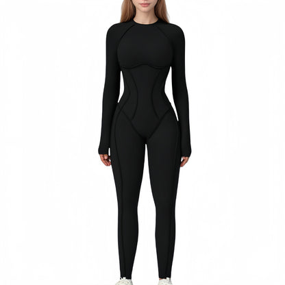 Long Sleeve Fitted One-Piece Activewear Jumpsuit with Contoured Stitching and Open Back Design