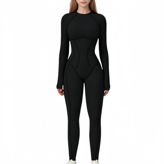 Long Sleeve Fitted One-Piece Activewear Jumpsuit with Contoured Stitching and Open Back Design