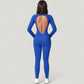 Long Sleeve Fitted One-Piece Activewear Jumpsuit with Contoured Stitching and Open Back Design