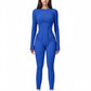 Long Sleeve Fitted One-Piece Activewear Jumpsuit with Contoured Stitching and Open Back Design