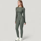 Long Sleeve Fitted One-Piece Activewear Jumpsuit with Contoured Stitching and Open Back Design