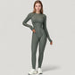 Long Sleeve Fitted One-Piece Activewear Jumpsuit with Contoured Stitching and Open Back Design