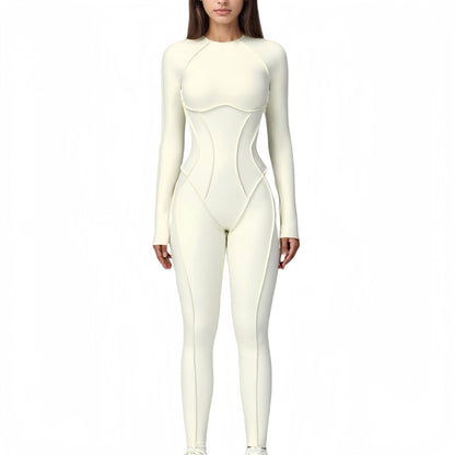 Long Sleeve Fitted One-Piece Activewear Jumpsuit with Contoured Stitching and Open Back Design