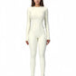 Long Sleeve Fitted One-Piece Activewear Jumpsuit with Contoured Stitching and Open Back Design