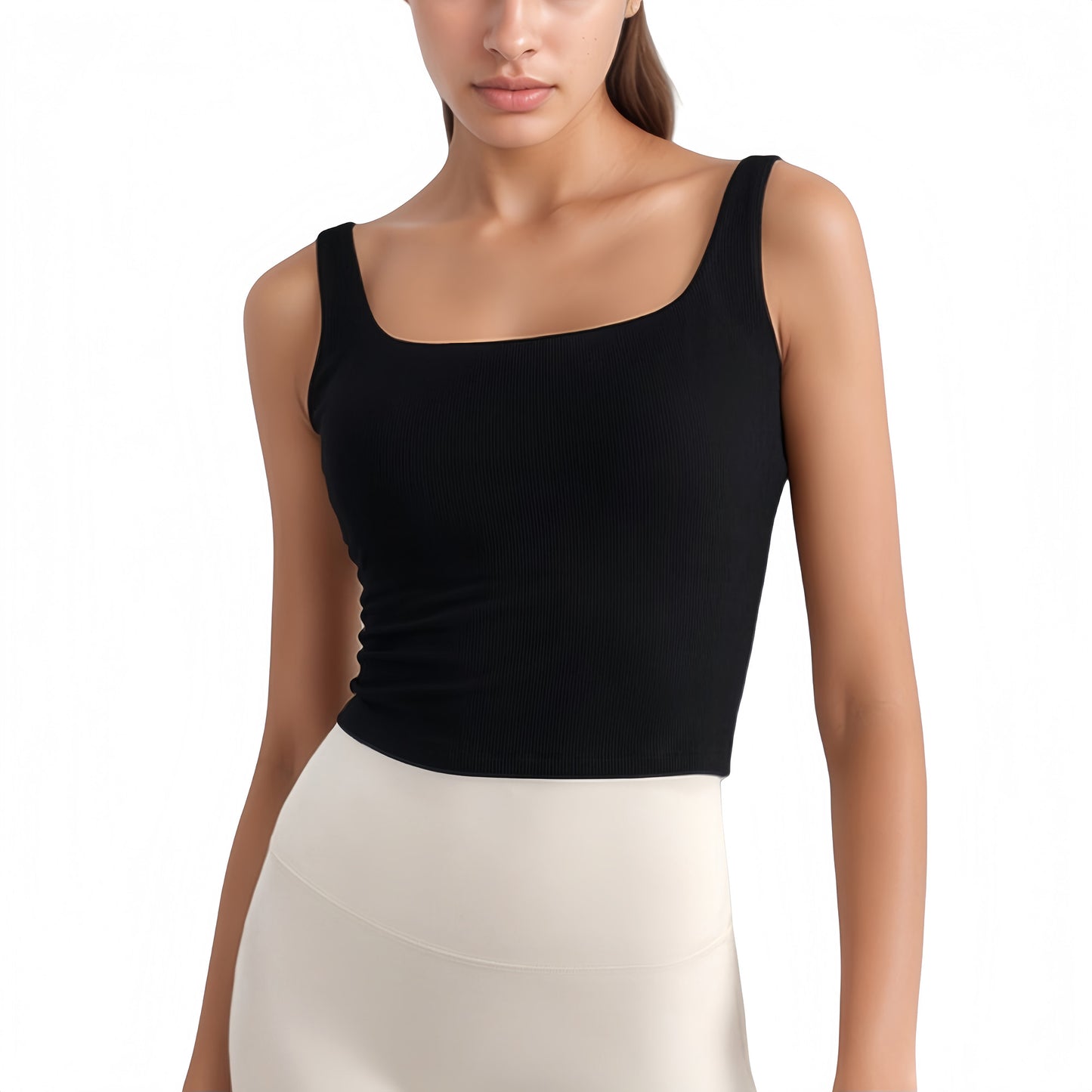 Ribbed Knit Square Neck Tank Top with Wide Straps