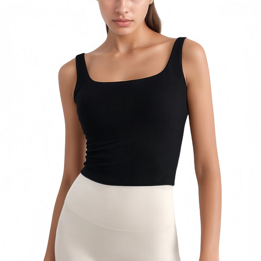 Ribbed Knit Square Neck Tank Top with Wide Straps