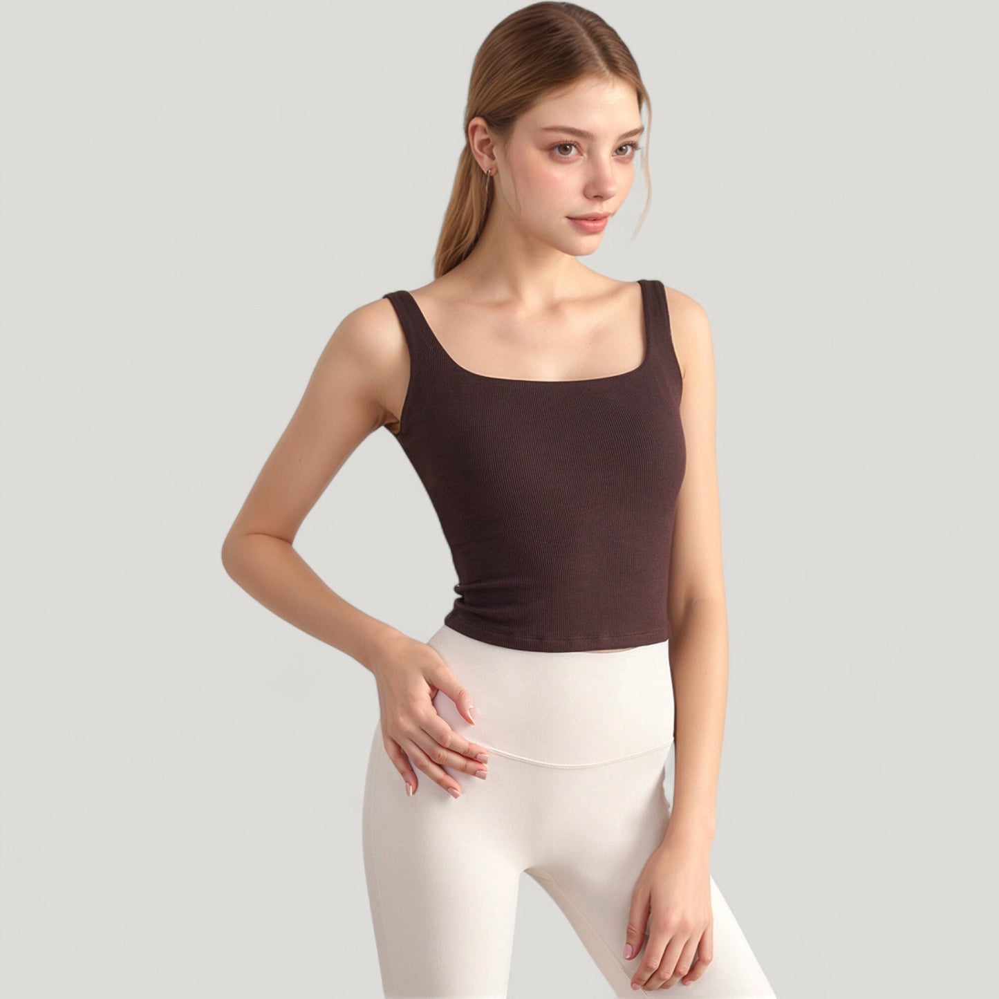 Ribbed Knit Square Neck Tank Top with Wide Straps