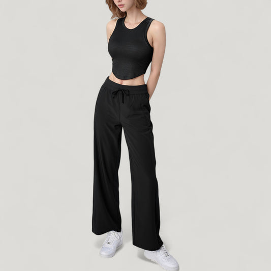 High Waist Wide Leg Pants with Drawstring Waist and Front Pockets