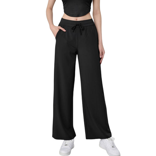 High Waist Wide Leg Pants with Drawstring Waist and Front Pockets