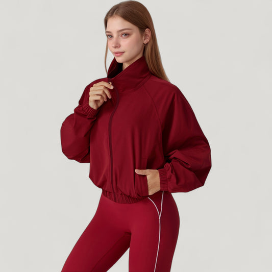 Zip-Up Activewear Jacket with High Collar Long Sleeves and Relaxed Elastic Hem