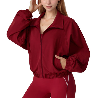 Zip-Up Activewear Jacket with High Collar Long Sleeves and Relaxed Elastic Hem