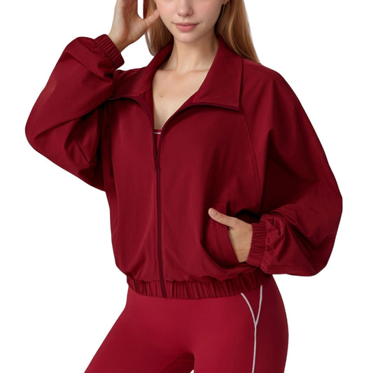 Zip-Up Activewear Jacket with High Collar Long Sleeves and Relaxed Elastic Hem