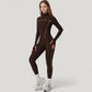 Fitted Zip-Up Activewear Jacket with High Collar Long Sleeves and Contour Seaming
