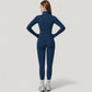 Fitted Zip-Up Activewear Jacket with High Collar Long Sleeves and Contour Seaming