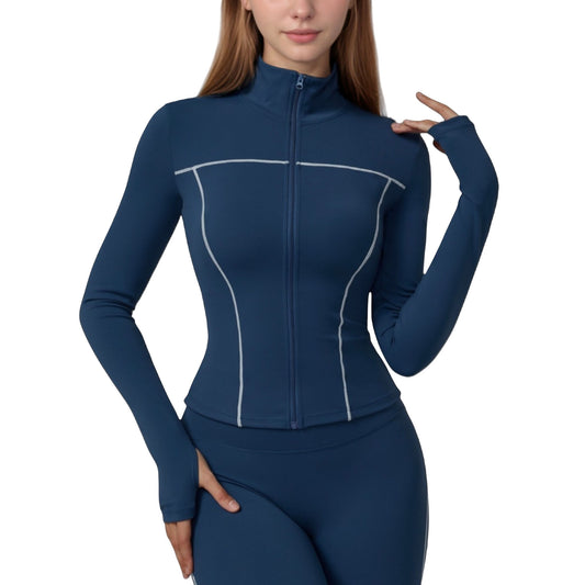 Fitted Zip-Up Activewear Jacket with High Collar Long Sleeves and Contour Seaming
