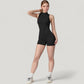Sleeveless Zip Front Activewear Romper with Open Back and Contoured Fit