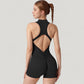 Sleeveless Zip Front Activewear Romper with Open Back and Contoured Fit