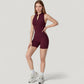 Sleeveless Zip Front Activewear Romper with Open Back and Contoured Fit