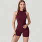 Sleeveless Zip Front Activewear Romper with Open Back and Contoured Fit