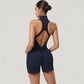 Sleeveless Zip Front Activewear Romper with Open Back and Contoured Fit