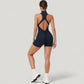 Sleeveless Zip Front Activewear Romper with Open Back and Contoured Fit