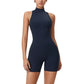 Sleeveless Zip Front Activewear Romper with Open Back and Contoured Fit