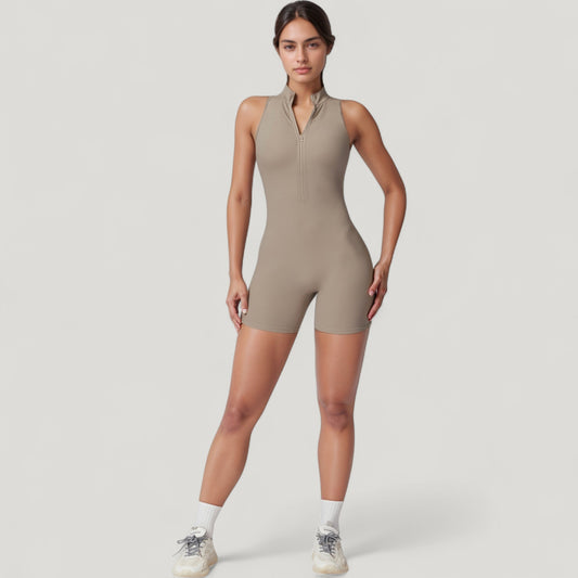 Sleeveless Zip Front Activewear Romper with Open Back and Contoured Fit