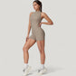 Sleeveless Zip Front Activewear Romper with Open Back and Contoured Fit