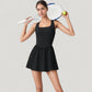 Sleeveless Active Tennis Dress with Flowy Skirt and Crisscross Back Strap Detail