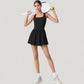 Sleeveless Active Tennis Dress with Flowy Skirt and Crisscross Back Strap Detail