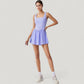 Sleeveless Active Tennis Dress with Flowy Skirt and Crisscross Back Strap Detail