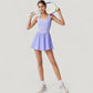 Sleeveless Active Tennis Dress with Flowy Skirt and Crisscross Back Strap Detail