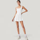 Sleeveless Active Tennis Dress with Flowy Skirt and Crisscross Back Strap Detail