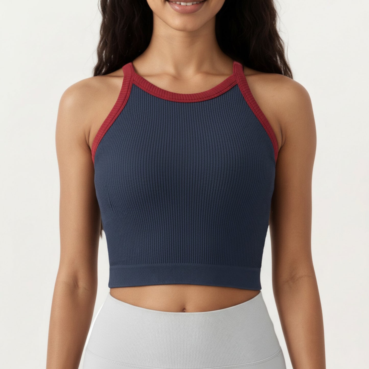 Ribbed High Neck Racerback Crop Top with Stretch Knit Fabric and Supportive Underband